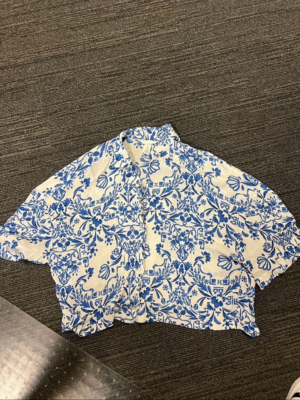 H&M White Crop Button-Up with Blue Floral Print